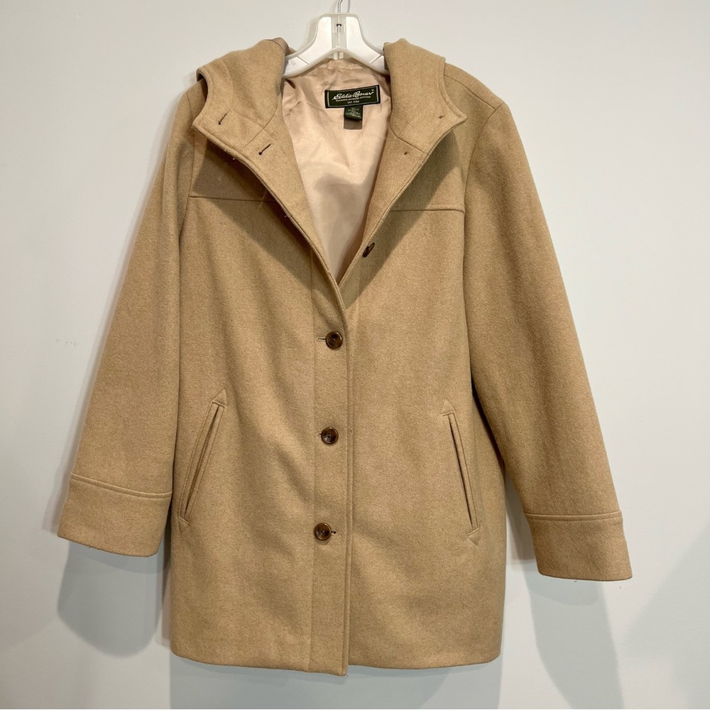 Eddie Bauer Coat Beige Wool Blend Button Down Pea Coat w Hood Large